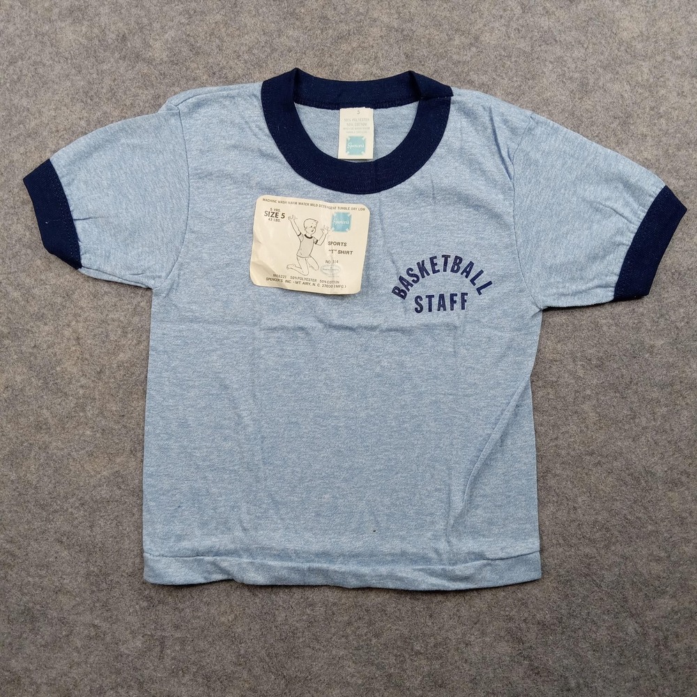 Vintage Basketball Staff Shirt‎ Youth 5 Heather Blue Ringer Tee Spencers 80s 2